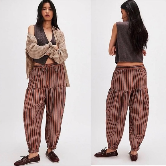 Free People Western Boho Ellie Pull On Barrel Pants Bloomers XS Brown Stripe NEW - Picture 3 of 11